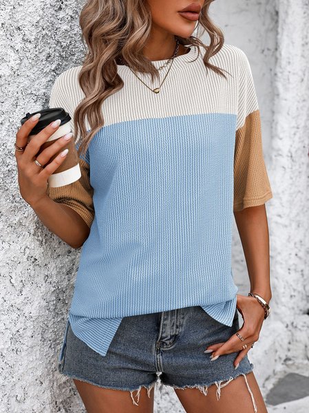 

Crew Neck Half Sleeve Color Block Regular Loose Shirt For Women, Color6, Blouses