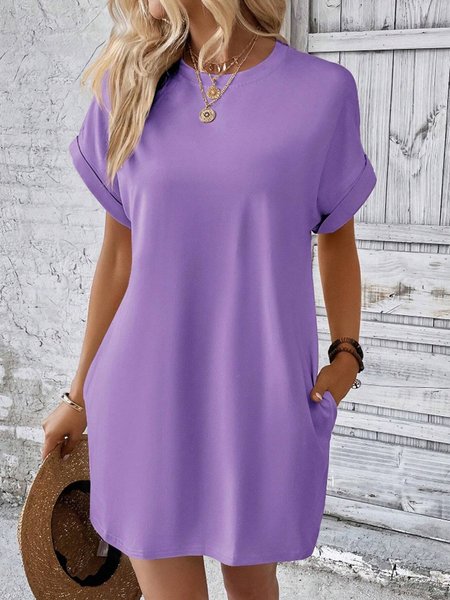 Loose Crew Neck Plain Casual Dress With No, Purple, Midi Dresses