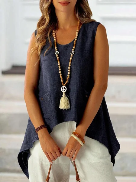 

Loose Cotton Vacation Crew Neck Blouse, Blue, Tank Tops & Camis