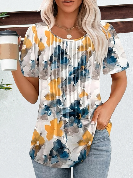 

Crew Neck Short Sleeve Floral Regular Micro-Elasticity Loose Shirt For Women, Flower, T-shirts