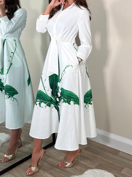

Long Sleeve Floral Shirt Collar Urban Dress, White, Maxi Dresses