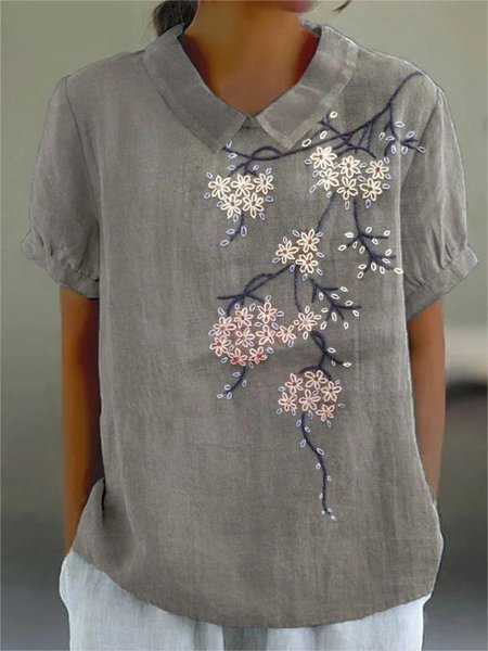

Cotton Casual Shawl Collar Floral Shirt, Gray, Shirts & Blouses