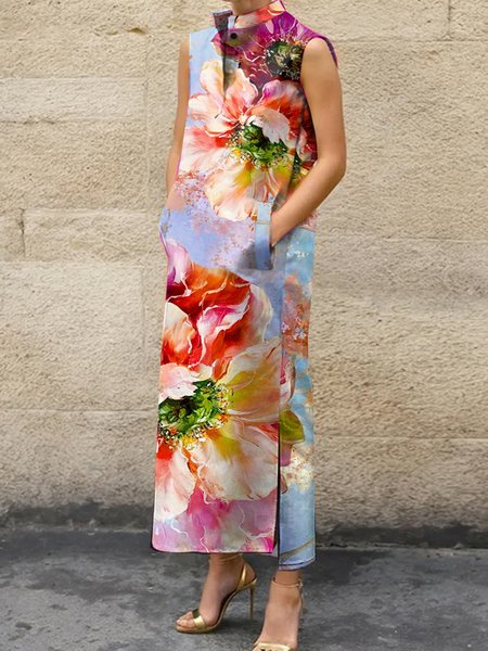 

Printing Floral Stand Collar Urban Dress, As picture, Maxi Dresses