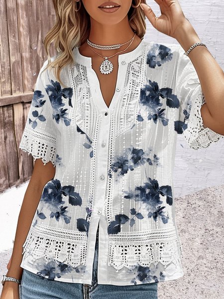 

Short Sleeve Floral Regular Loose Blouse For Women, Blue, Shirts