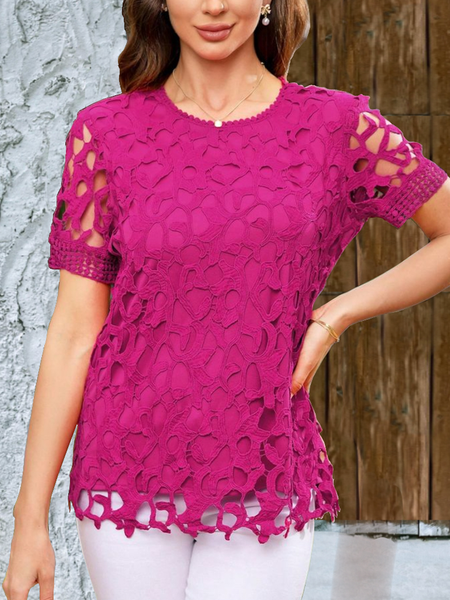 

Crew Neck Short Sleeve Plain Regular Loose Blouse For Women, Rose red, Blouses