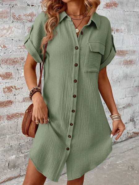 

Women Plain Shirt Collar Short Sleeve Comfy Casual Short Dress, Green, Dresses