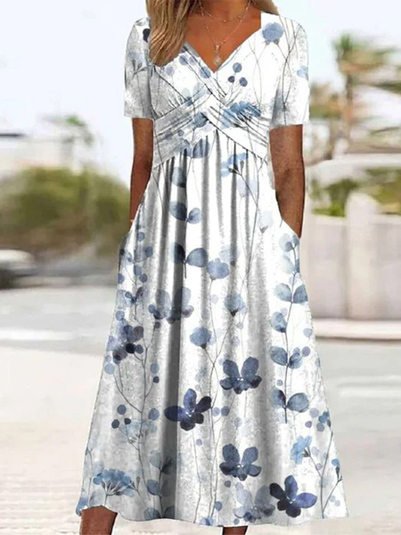 

Women Blue Floral V Neck Short Sleeve Comfy Casual Midi Dress, White, Dresses