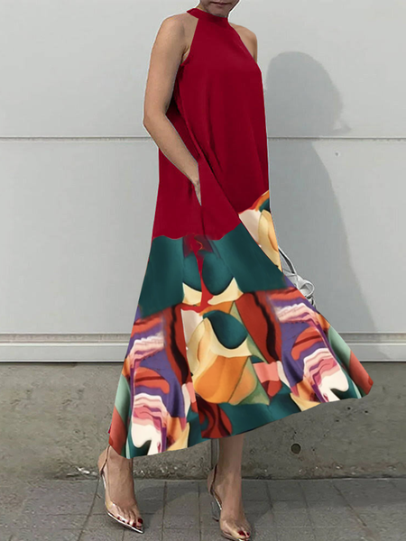 

Regular Fit Halter Vacation Sleeveless Abstract Maxi Dress, As picture, Maxi Dresses