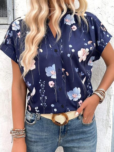 

Shirt Collar Short Sleeve Floral Regular Loose Blouse For Women, Blue, Shirts