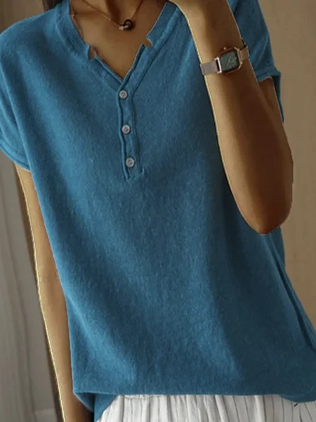 

Women Plain V Neck Casual Short Sleeve T-shirt, Blue, Tees & T-shirts