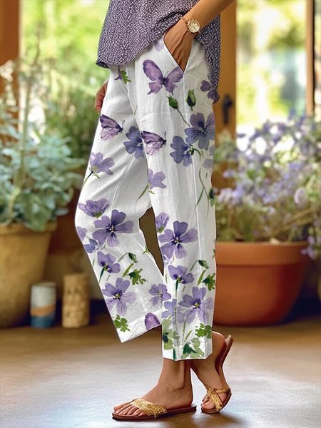 

Loose Casual Floral Pocket Stitching Pants, Blue purple, Pants