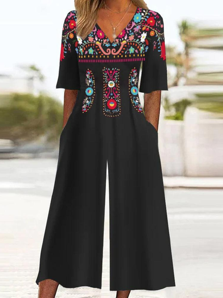 

Women Short Sleeve V Neck Loose Ankle Pants Pocket Stitching Daily Casual Floral Natural T-Shirt Jumpsuit, Black, Jumpsuits&Rompers