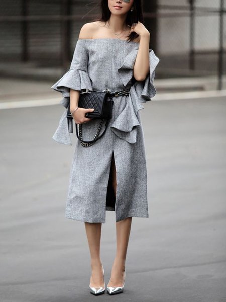 

Cold Shoulder Urban Plain Midi Dress, Gray, Midi Dresses