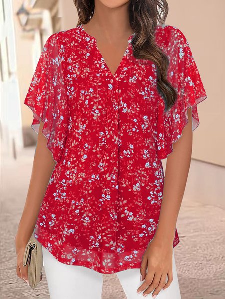 

Casual V Neck Floral Loose Blouse, Red, Shirts & Blouses