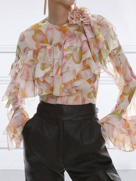 

Floral Vacation Crew Neck Loose Ruffle Shirt No Brooch, Multicolor, Blouses and Shirts