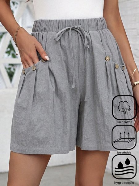 

Casual Cotton And Linen Buckle Shorts, Gray, Shorts