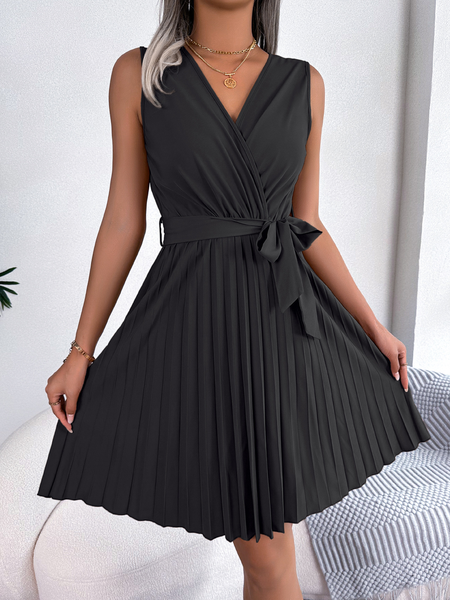 

Women Plain V Neck Sleeveless Comfy Casual Short Dress, Black, Dresses