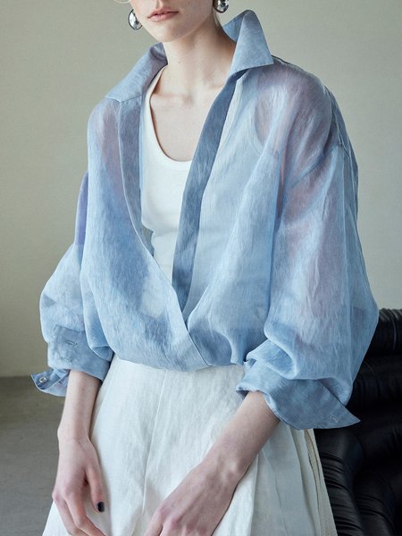 

Long Sleeve Shirt Collar Casual Blouse, Blue, Blouses and Shirts