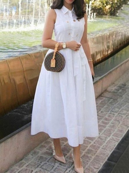 

Urban Shirt Collar Dress With Belt, White, Maxi Dresses