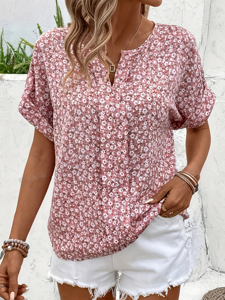 

Women's Short Sleeve Blouse Summer Ditsy Floral Notched Daily Going Out Casual Top, Pink, Shirts