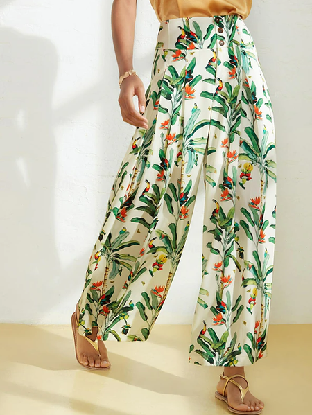 

Buckle Loose Casual Floral Pants, Green, Pants