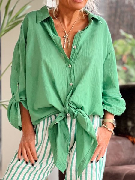 

Buttoned Cotton Shirt Collar Casual Blouse, Green, Shirts & Blouses