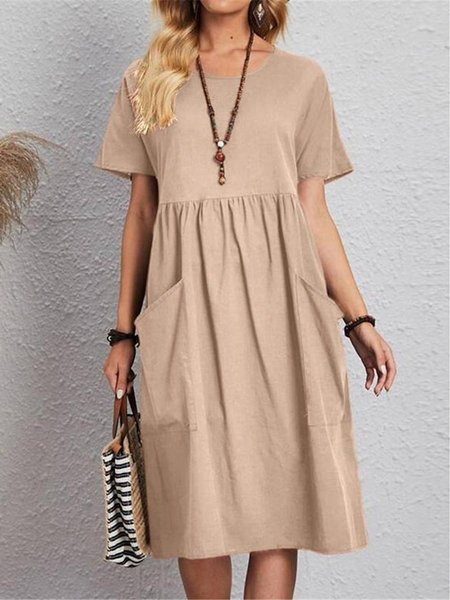 

Casual Pocket Stitching Plain V Neck Dress, Khaki, Midi Dresses