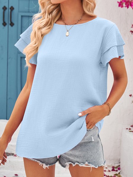 

Crew Neck Short Sleeve Plain Regular Loose Shirt For Women, Blue, Blouses