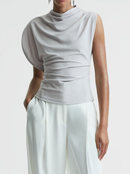 

Elegant Regular Fit Plain Sleeveless T-Shirt, White-gray, Tees