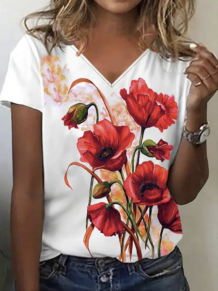 

Casual Floral V Neck Short Sleeve T-shirt, Red, T-shirts