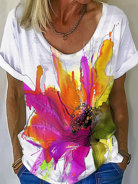 

Casual Floral V Neck Short Sleeve T-shirt, White, T-shirts