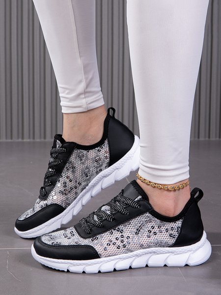 

Breathable Mesh Fabric Sequins Casual Lace-Up Sneakers, Black, Sneakers