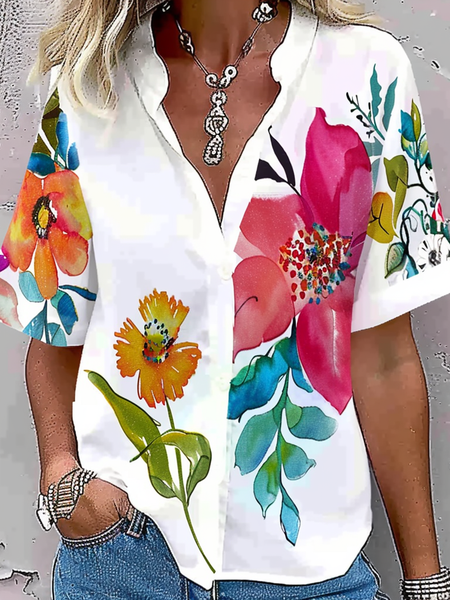 

Notched Short Sleeve Floral Regular Loose Blouse For Women, White, Shirts