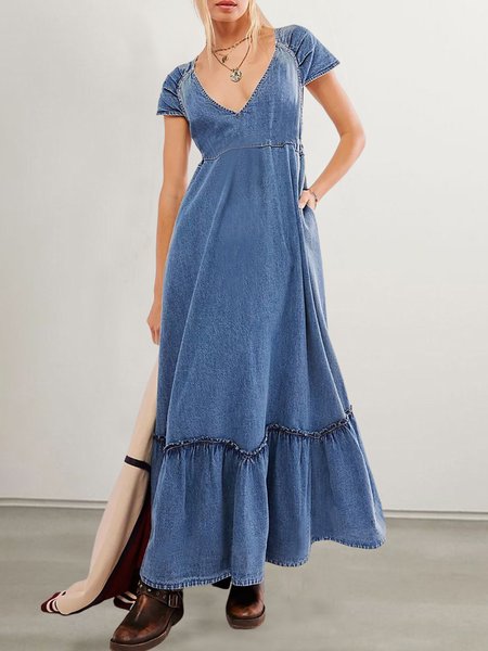 

Plain Casual V Neck Short Sleeve Denim Dress, Blue, Maxi Dresses