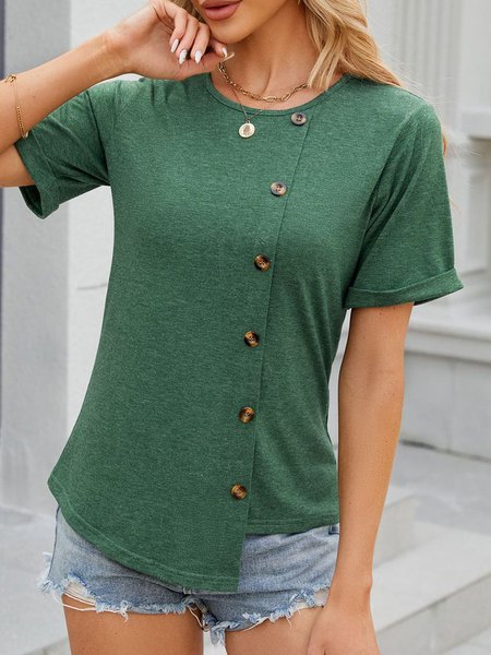 

Crew Neck Short Sleeve Plain Buckle Regular Micro-Elasticity Loose Shirt For Women, Dark green, Blouses