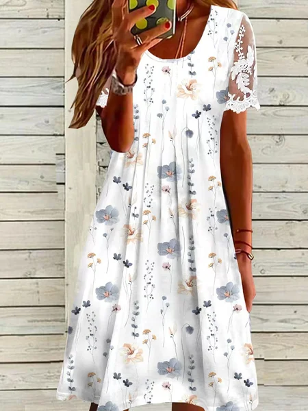 

Crew Neck Casual Loose Floral Dress With No, White, Midi Dresses