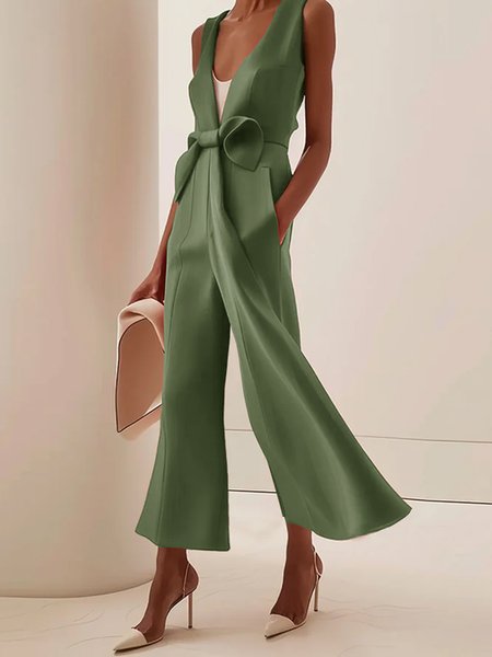 

Bow Regular Fit Urban Plain Jumpsuit, Green, Jumpsuits＆Rompers