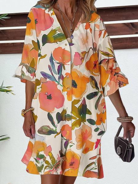 

Women Floral V Neck Half Sleeve Comfy Casual Short Dress, White, Dresses