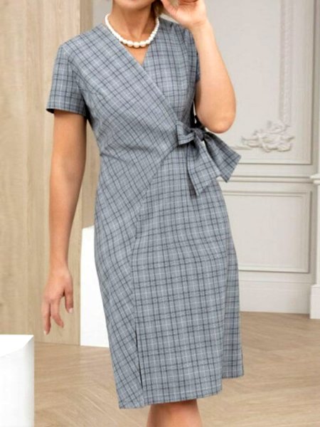

V Neck Bow Elegant Dress, Gray, Dresses