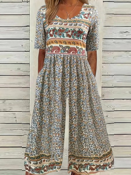 

Women's Small Floral Crew Neck Short Sleeve Vacation Summer Jumpsuit, Multicolor, Jumpsuits＆Rompers