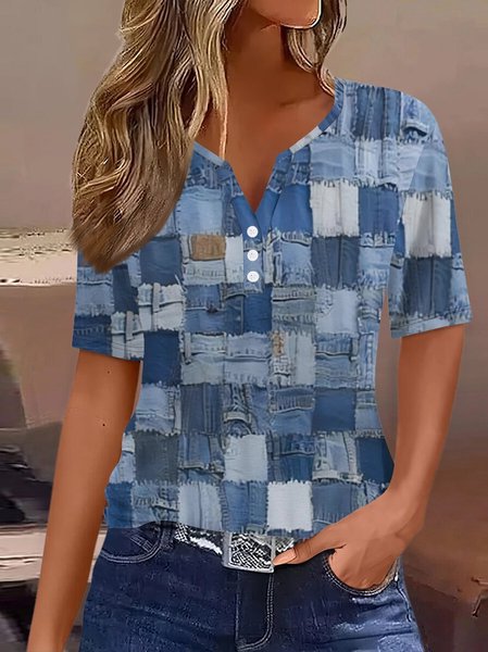 

Notched Casual Buckle Jersey T-Shirt, Blue, T-shirts