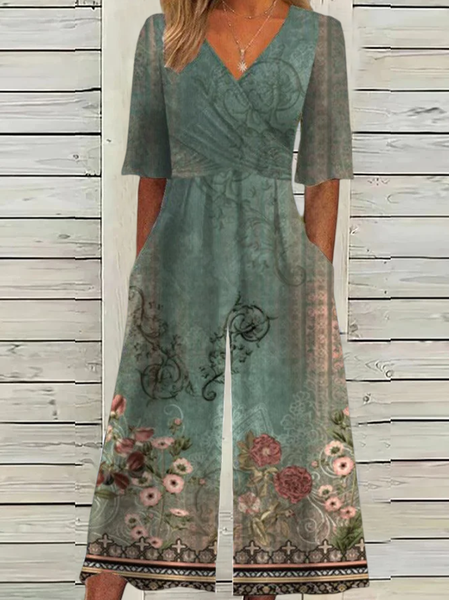 Women Short Sleeve V Neck Loose Ankle Pants Daily Casual Ethnic Natural Jumpsuit, Green, Jumpsuits&Rompers
