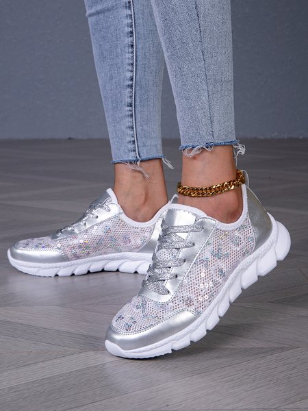 Breathable Mesh Fabric Sequins Casual Lace Up Sneakers