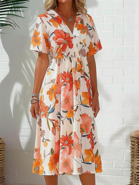 

Women Floral V Neck Short Sleeve Comfy Casual Maxi Dress, Orange, Dresses
