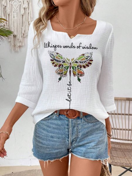 

Loose Casual Cotton Notched Blouse, White, Blouses & Shirts
