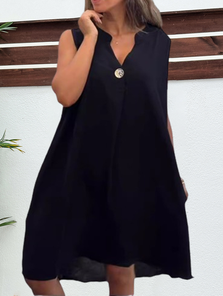 

Women Plain Notched Sleeveless Comfy Casual Short Dress, Black, Dresses