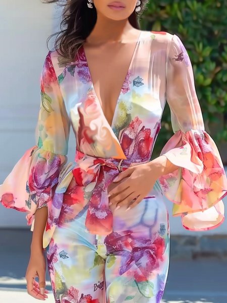 

Vacation Regular Floral V neck Fit Shirt, As picture, Blouses and Shirts