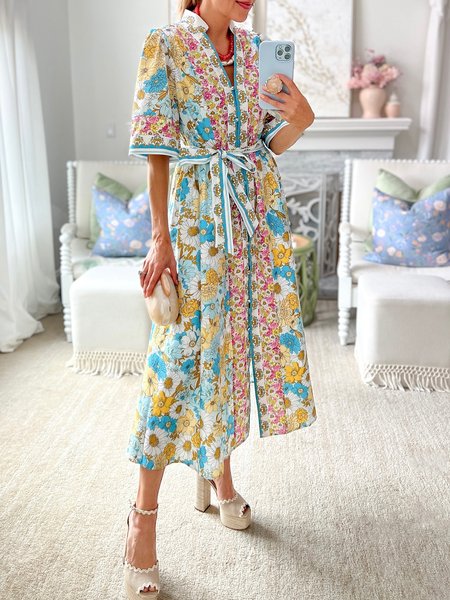 

V Neck Regular Fit Vacation Floral Dress With Belt, As picture, Maxi Dresses