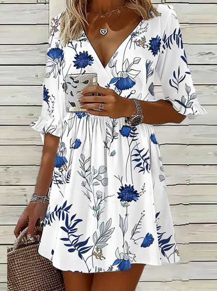 

Women Floral V Neck Half Sleeve Comfy Casual Short Dress, White, Dresses