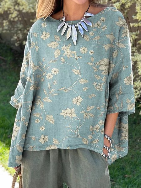 

Crew Neck Loose Casual Floral Shirt, Blue, Shirts & Blouses
